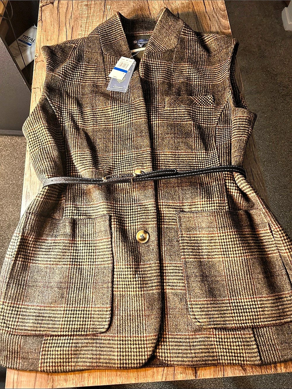 Democracy Plaid Belted Vest in Brown & Black Size XL NWT